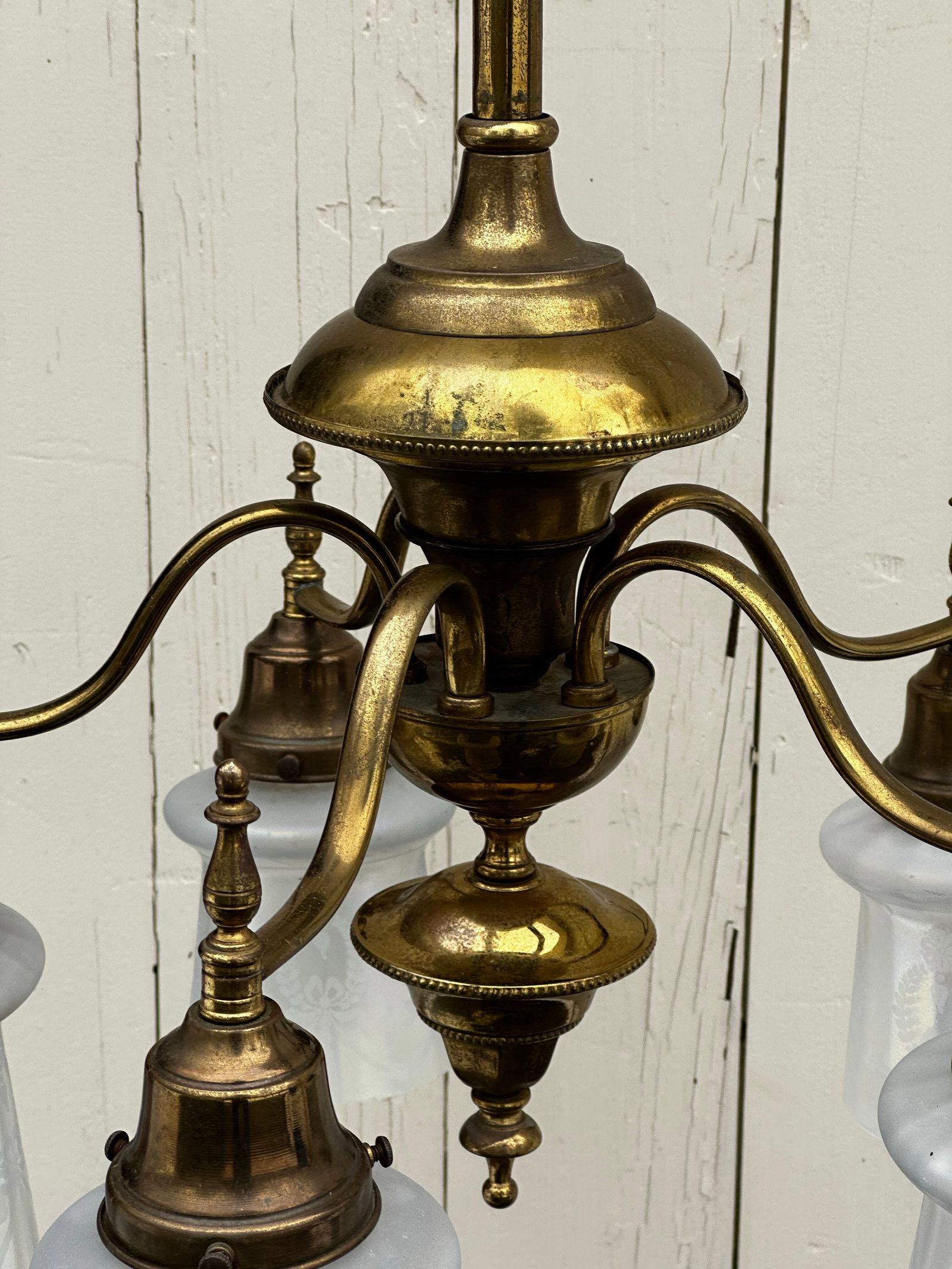 Vintage Five Arm Brass Pendant With Vintage Etched Iridescent Shades - 4