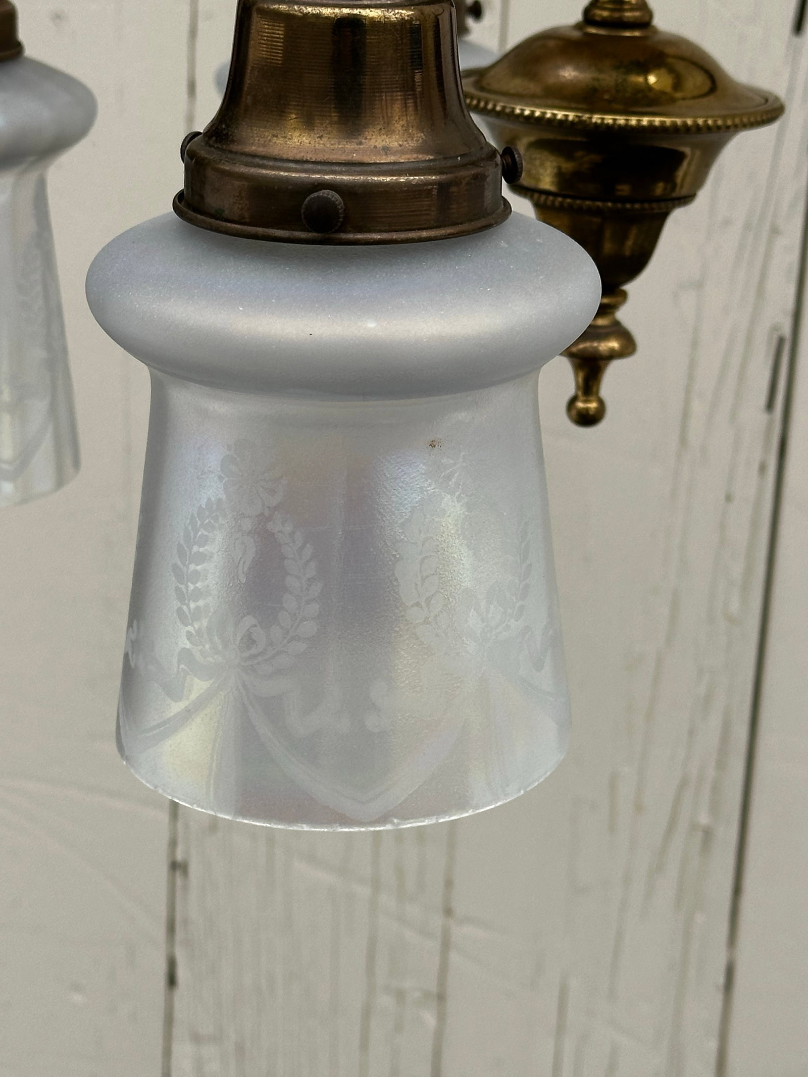 Vintage Five Arm Brass Pendant With Vintage Etched Iridescent Shades - 5