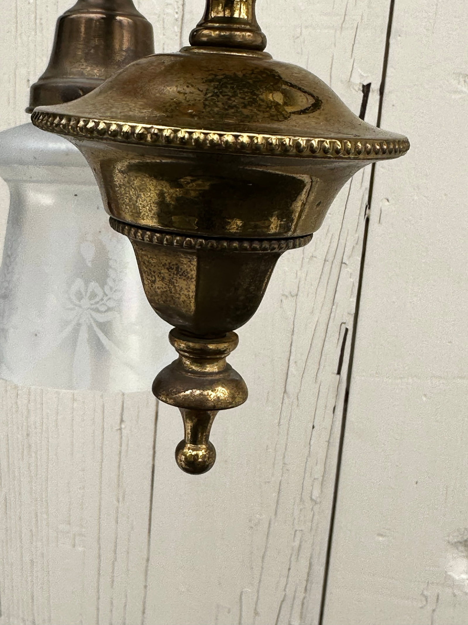 Vintage Five Arm Brass Pendant With Vintage Etched Iridescent Shades - 7