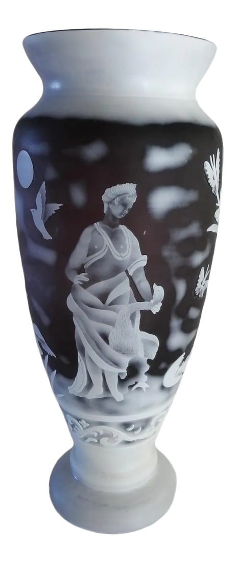 Antique John Northwood Cameo Leda and the Swan Glass Vase: Leda And The Swan cameo glass vase white on amethyst by John Northwood. Hand-carved. Excellent condition. 5.5" in diameter, 14.25" high. Condition: Alterations: Original Condition Unaltered