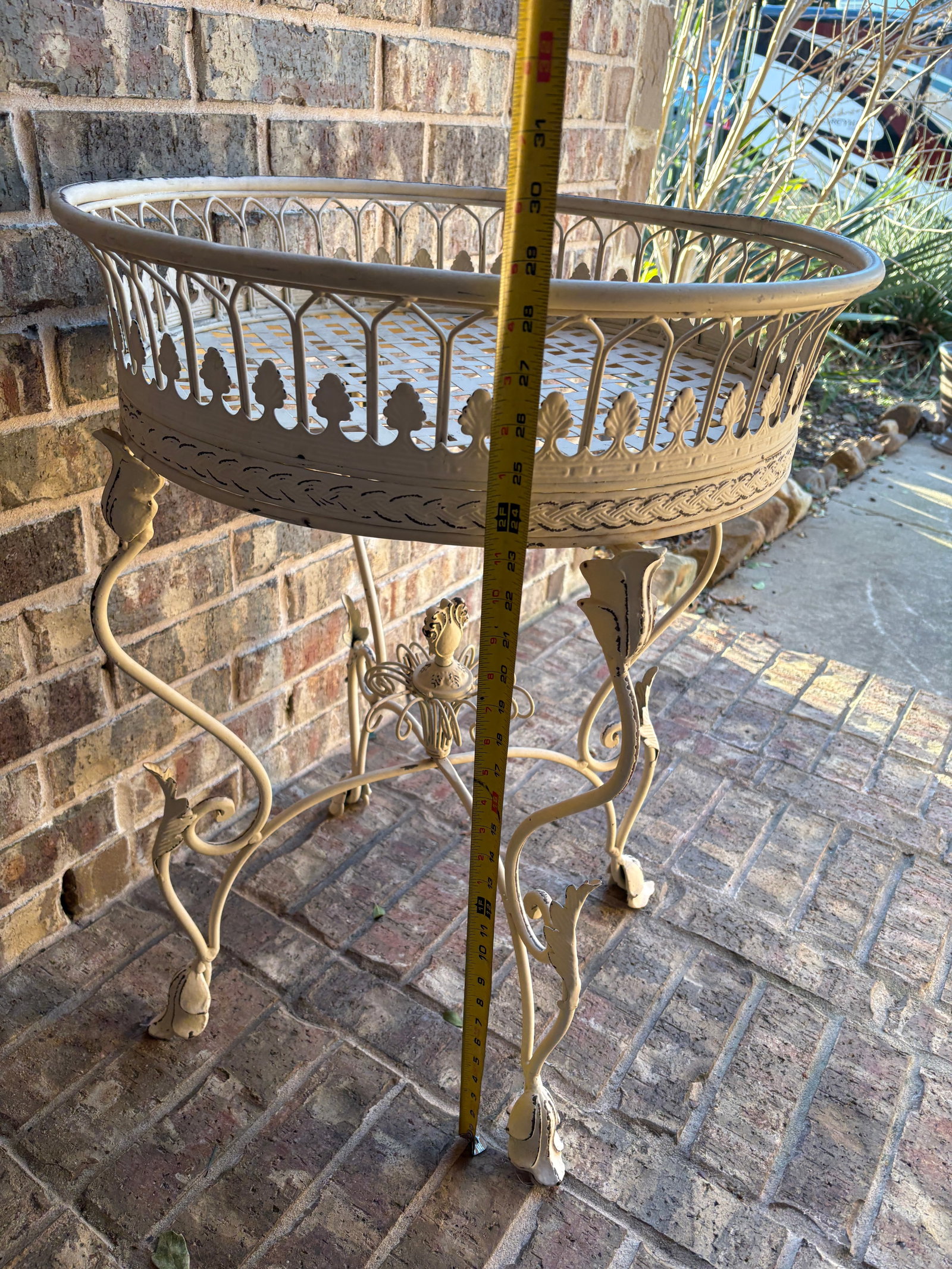 Vintage French Provincial Wrought Iron Round Plant Stand With Gallery Rim - 11