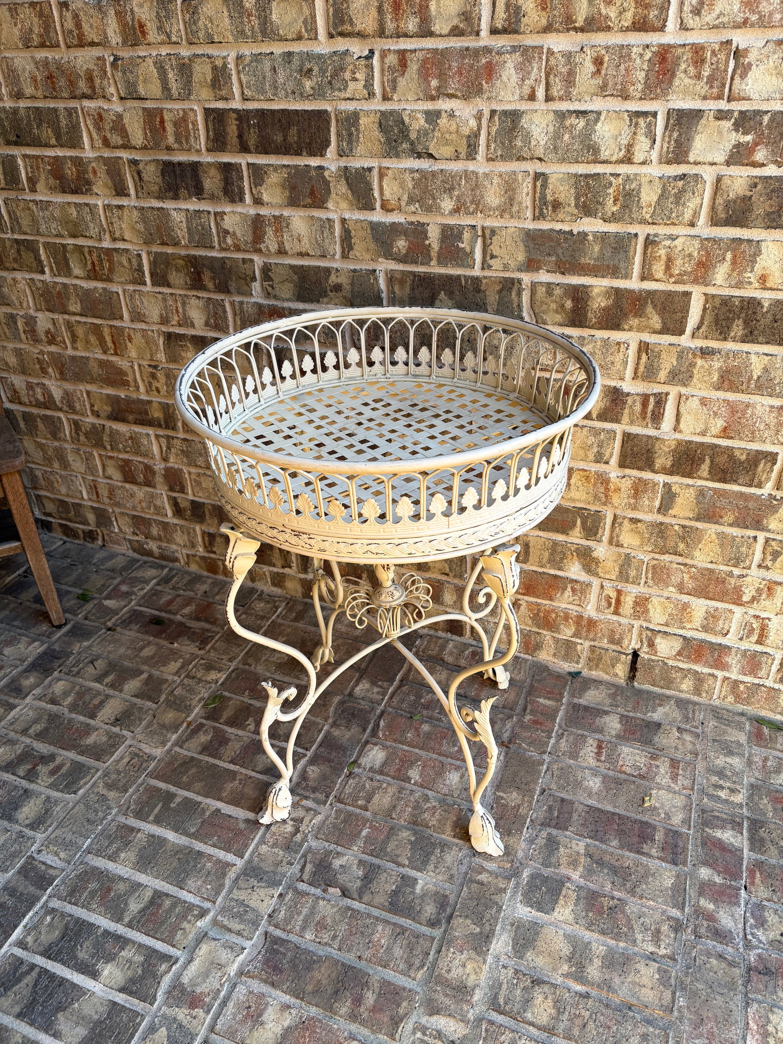 Vintage French Provincial Wrought Iron Round Plant Stand With Gallery Rim - 2