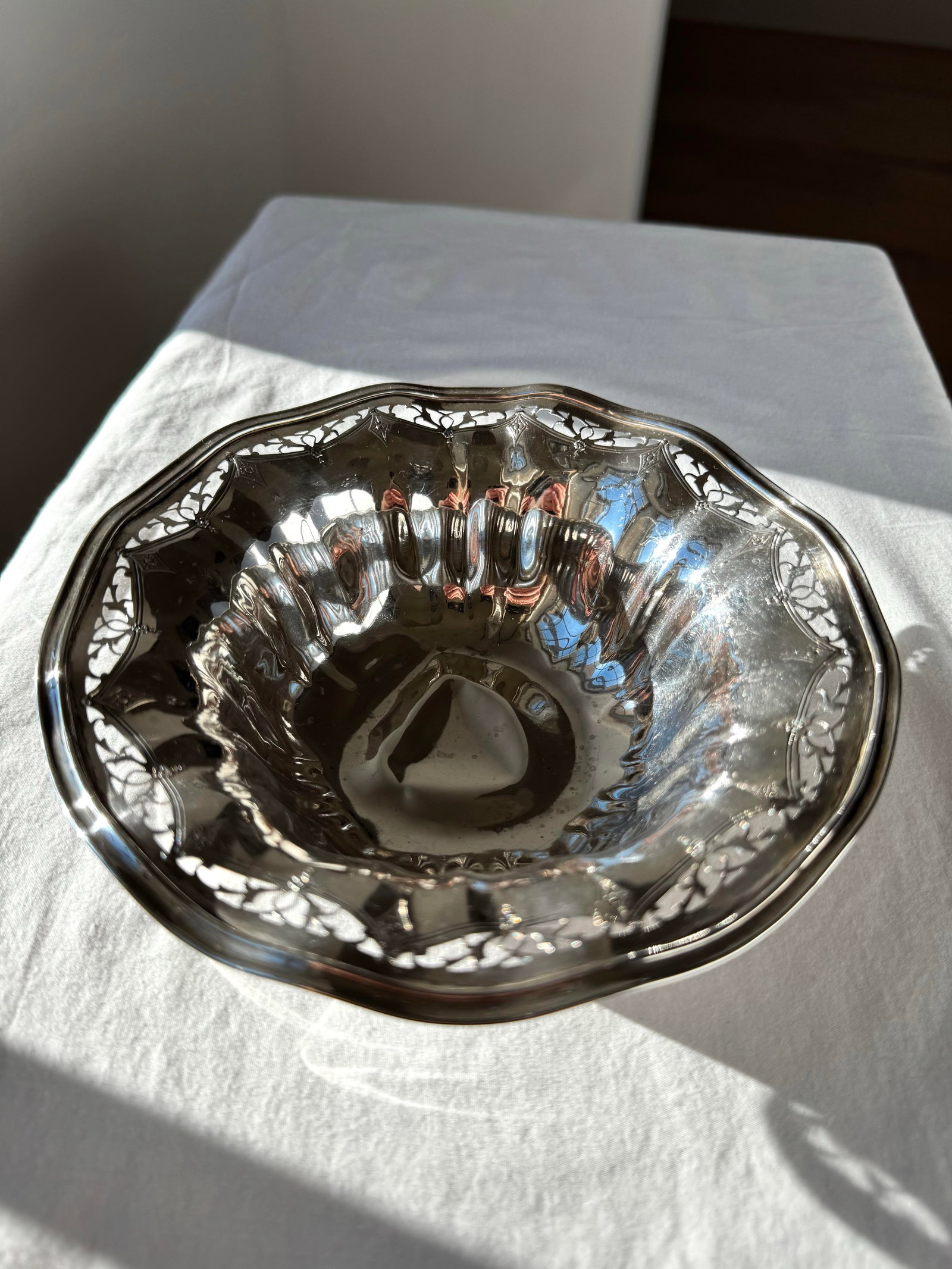 Antique Sterling Silver Bowl With Pierced Rim and Floral Scrollwork - 2