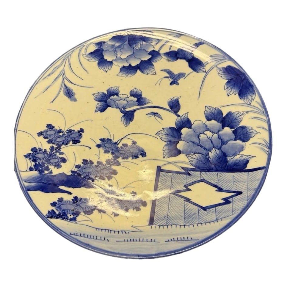 Rare 19c Antique Japanese Blue White Arita Charger Dish Plate Big Platter 18.5": This rare 19th century antique Japanese Arita charger dish plate is a stunning piece of artistry measuring 18.5 inches in diameter. Handmade in Japan, it showcases traditional blue and white motifs