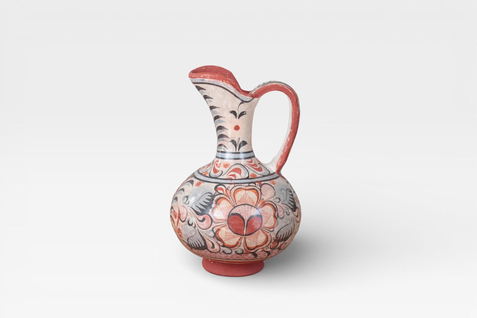 1970s Mexican Tonala Pottery Pitcher With Haindpainted Floral Motifs - 2