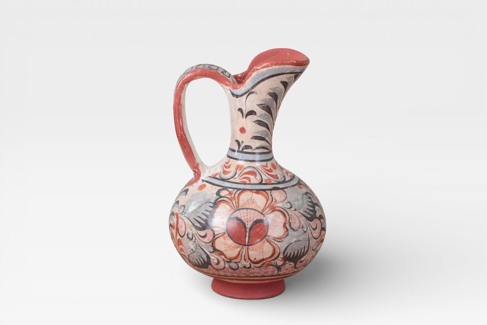 1970s Mexican Tonala Pottery Pitcher With Haindpainted Floral Motifs - 3