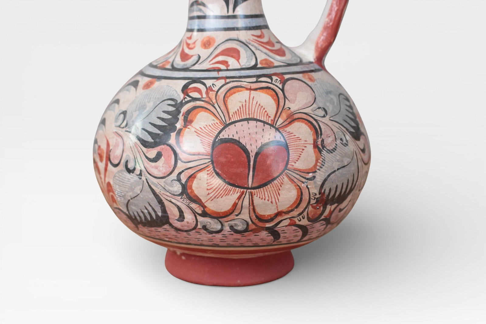 1970s Mexican Tonala Pottery Pitcher With Haindpainted Floral Motifs - 4