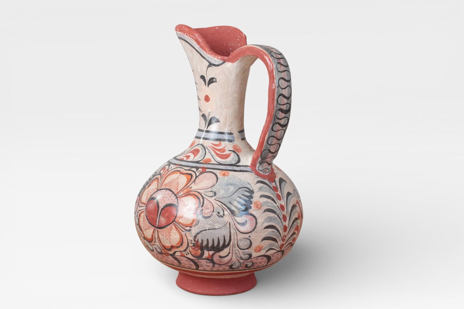 1970s Mexican Tonala Pottery Pitcher With Haindpainted Floral Motifs - 7