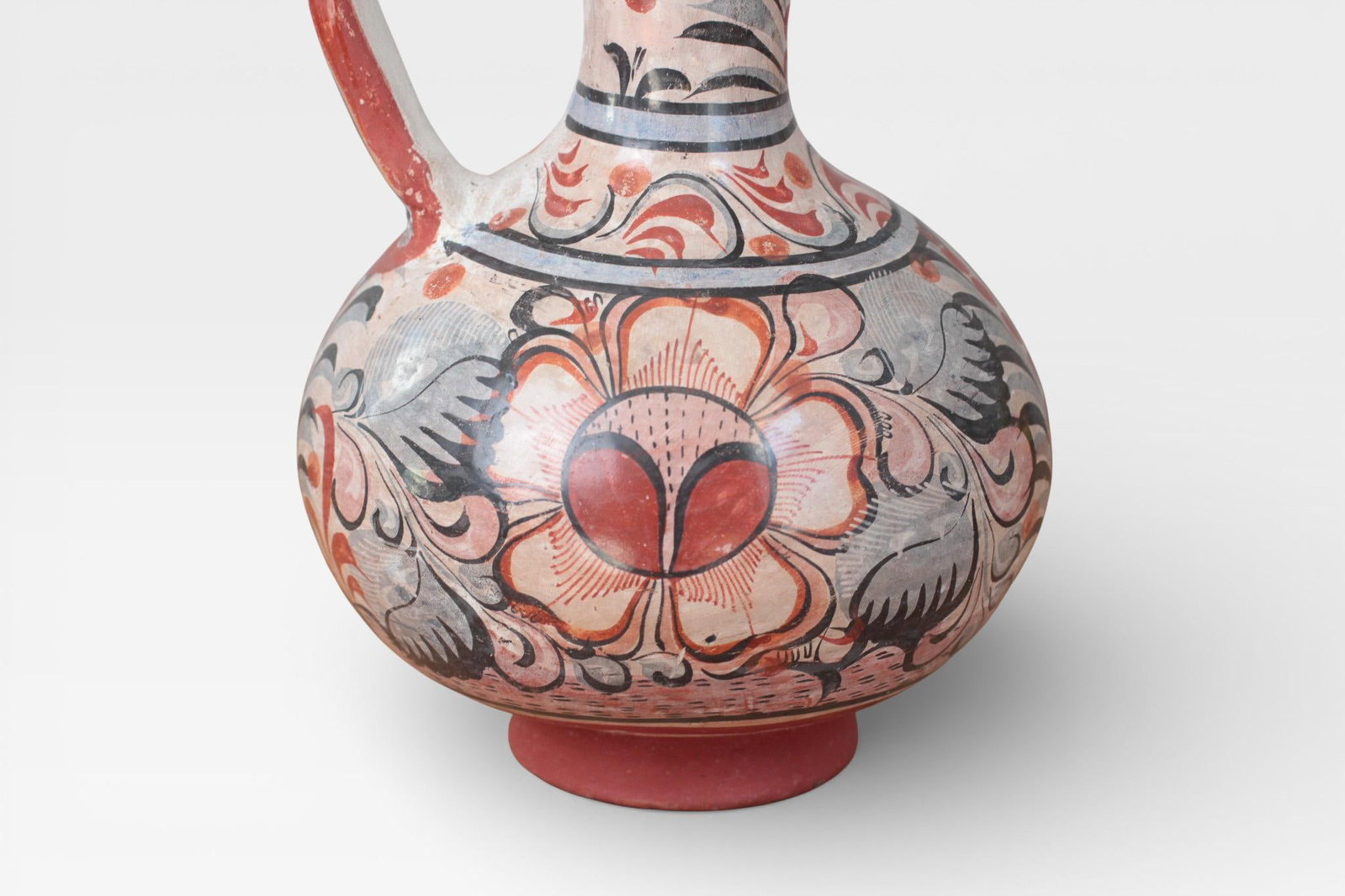 1970s Mexican Tonala Pottery Pitcher With Haindpainted Floral Motifs - 9