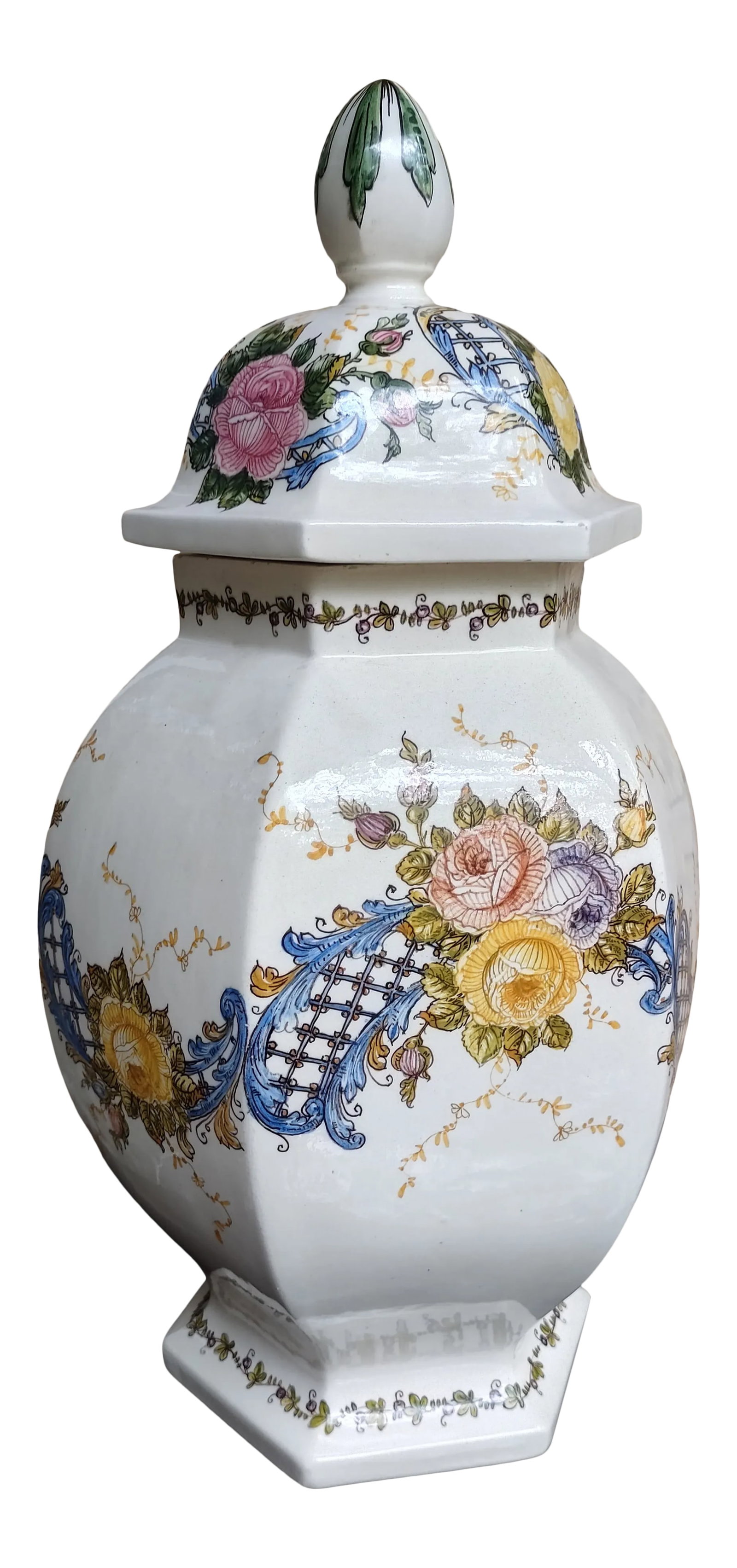 Mid 20th Century Monumental Italian Majolica Hand-Painted Ginger Jar: This large six-sided handpainted ginger jar comes from Nove, Italy, an important ceramics center of about 100 shops. It features finely detailed painting of tri-color roses in pink, blue and yellow