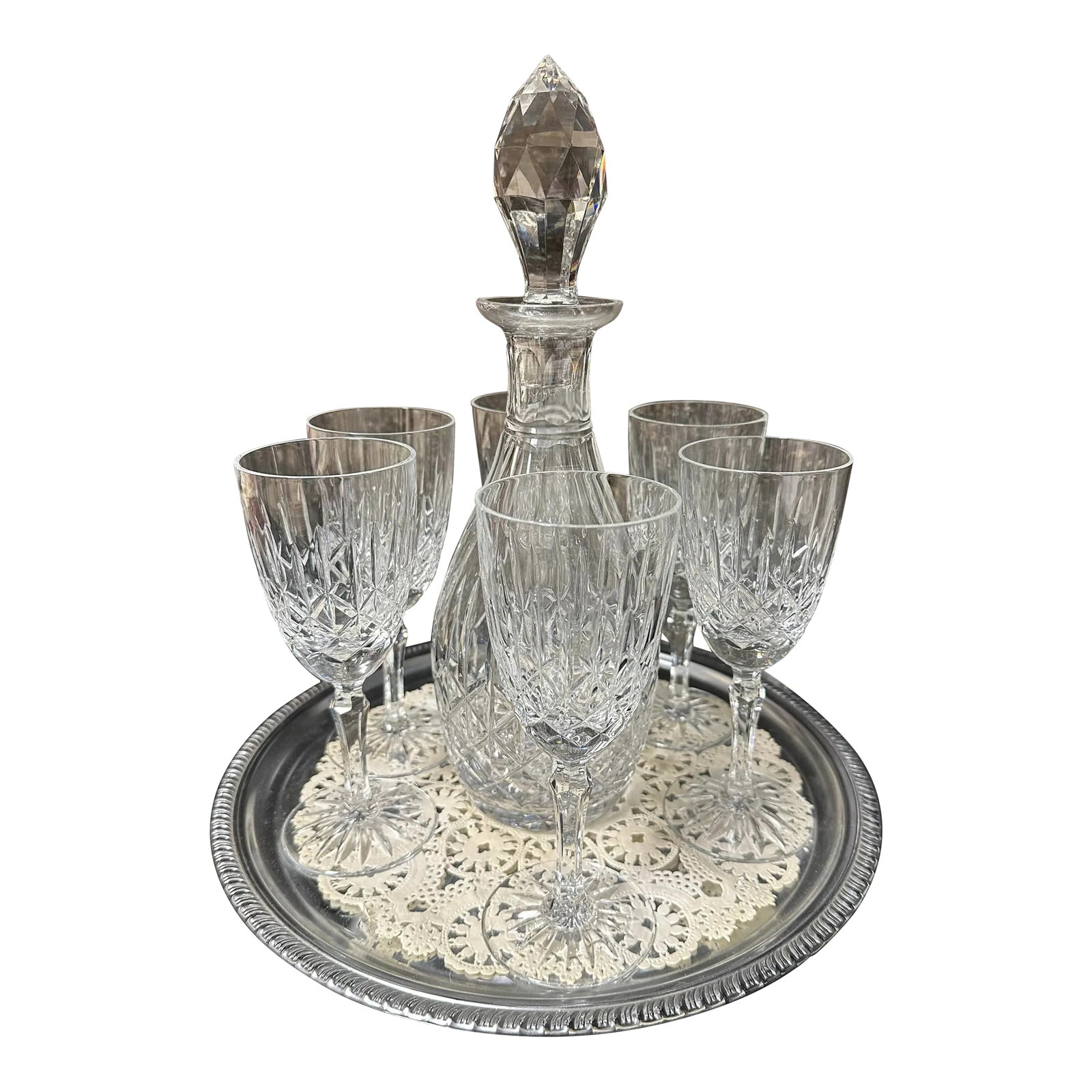 Mid 19th Century Edinburgh Crystal Ships Decanter With 6 Glasses and Silver Tray (1 of 12)