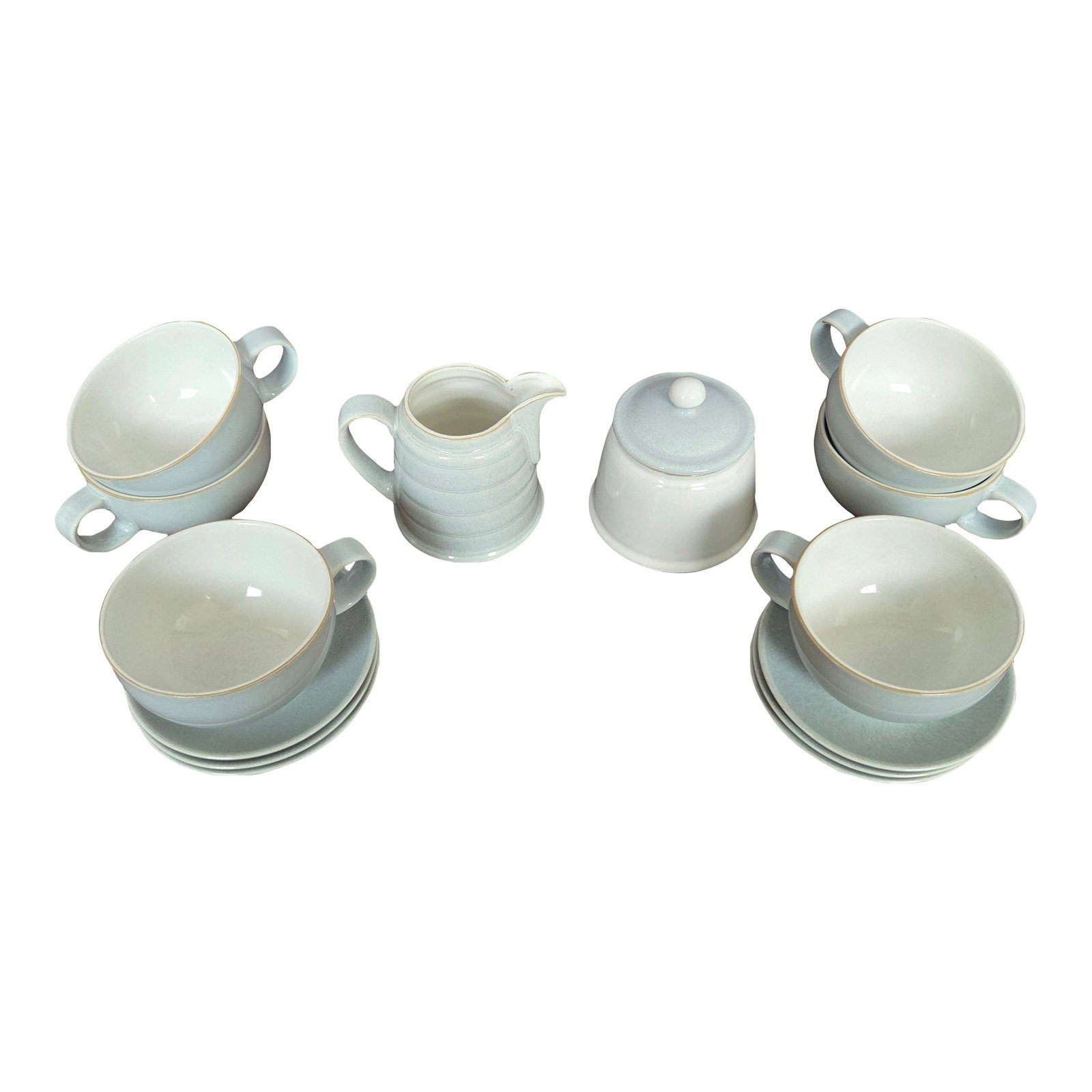 Vintage Minimalist Denby Spirit Light Gray Stoneware Tea Set: This Denby Spirit line tea and coffee service brings a sense of calm, balance, and intentional design into the home. The soft light-gray stoneware, matte finish, and understated profile make it