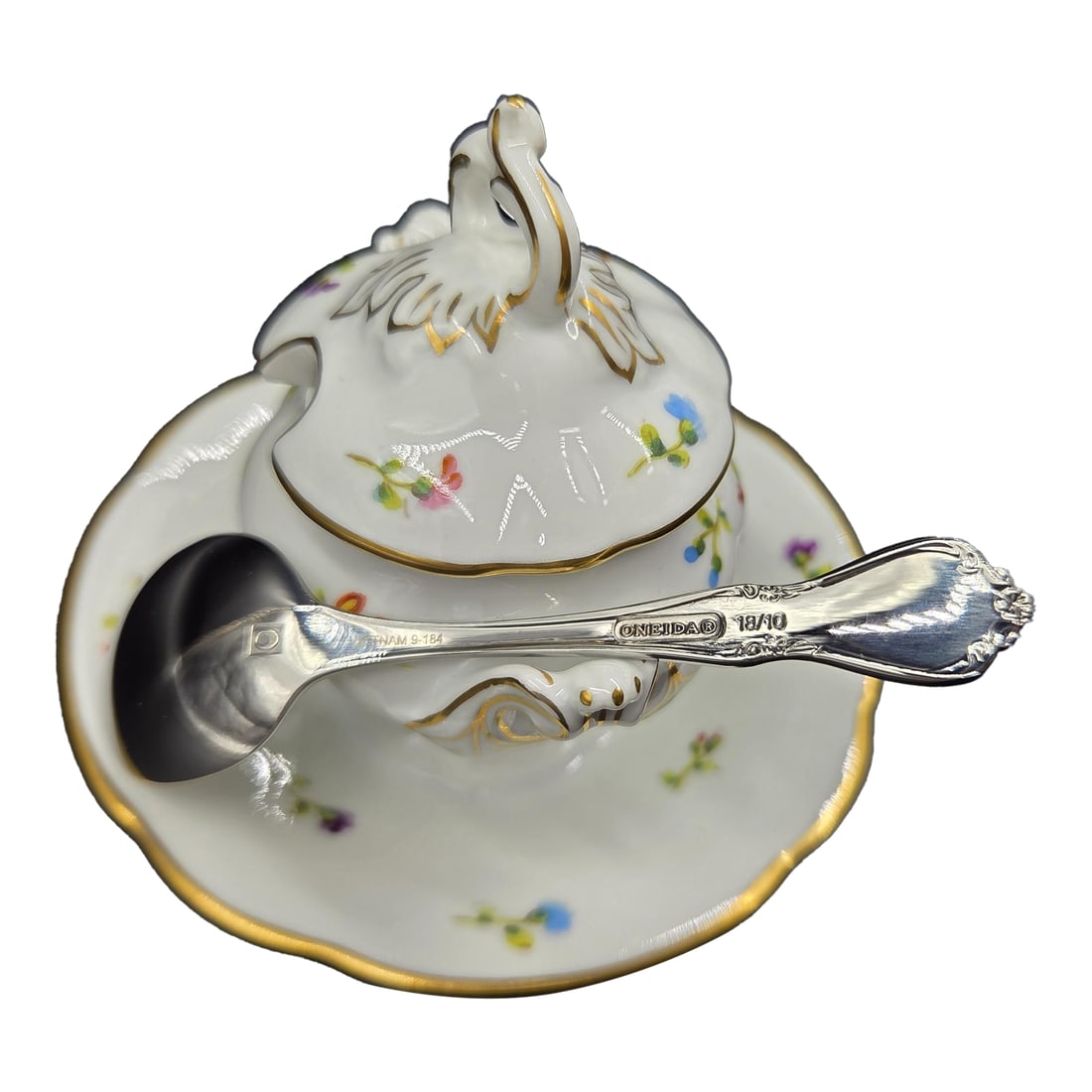 Vista Alegra Porcelain Petite Sugar Bowl With Oneida Sugar Spoon: Have you ever seen anything as sweet as this Vista Alegra porcelain petite sugar bowl with an Oneida sugar spoon? It is adorable and stunning! The sugar bowl itself is affixed to the bottom dish.