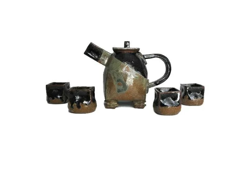 1990s Artisan Japanese-Style Raku Pottery Tea Set- 5 Pieces - 13