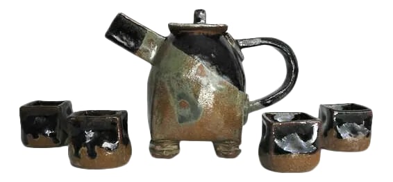 1990s Artisan Japanese-Style Raku Pottery Tea Set- 5 Pieces: Artisan hand made stoneware, Japanese style rakuware, matcha bowls teacups and a teapot. Not signed. Like new condition, never use for tea making and drinking. Teapot is approx. 8.5" X 3.5" X 6"H.