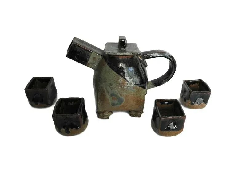 1990s Artisan Japanese-Style Raku Pottery Tea Set- 5 Pieces - 2