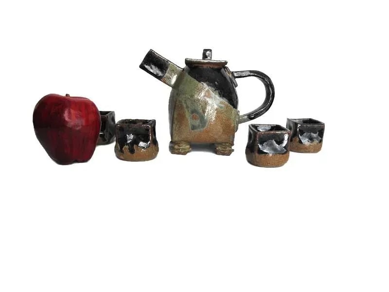 1990s Artisan Japanese-Style Raku Pottery Tea Set- 5 Pieces - 3