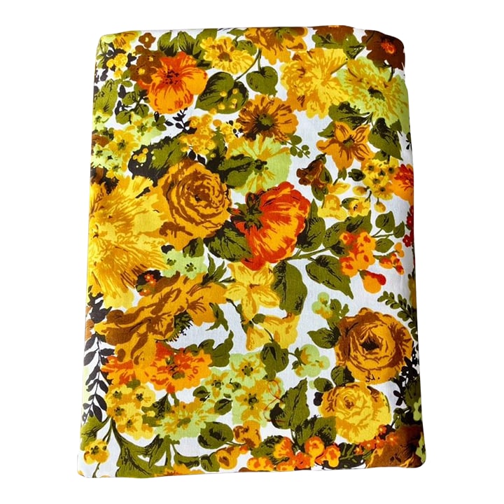 Vintage MCM Original Decorator Screen Print Bloomcraft Fabric - 11 Yards: This vintage material is known for its vibrant, large-scale floral patterns in colors typical of the mid-century modern (MCM) era, such as the orange, mustard yellow, brown, and green seen here. The