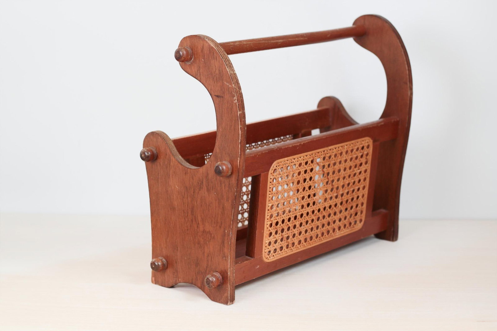 1970s Mid-Century Wood and Cane Magazine Rack - 2