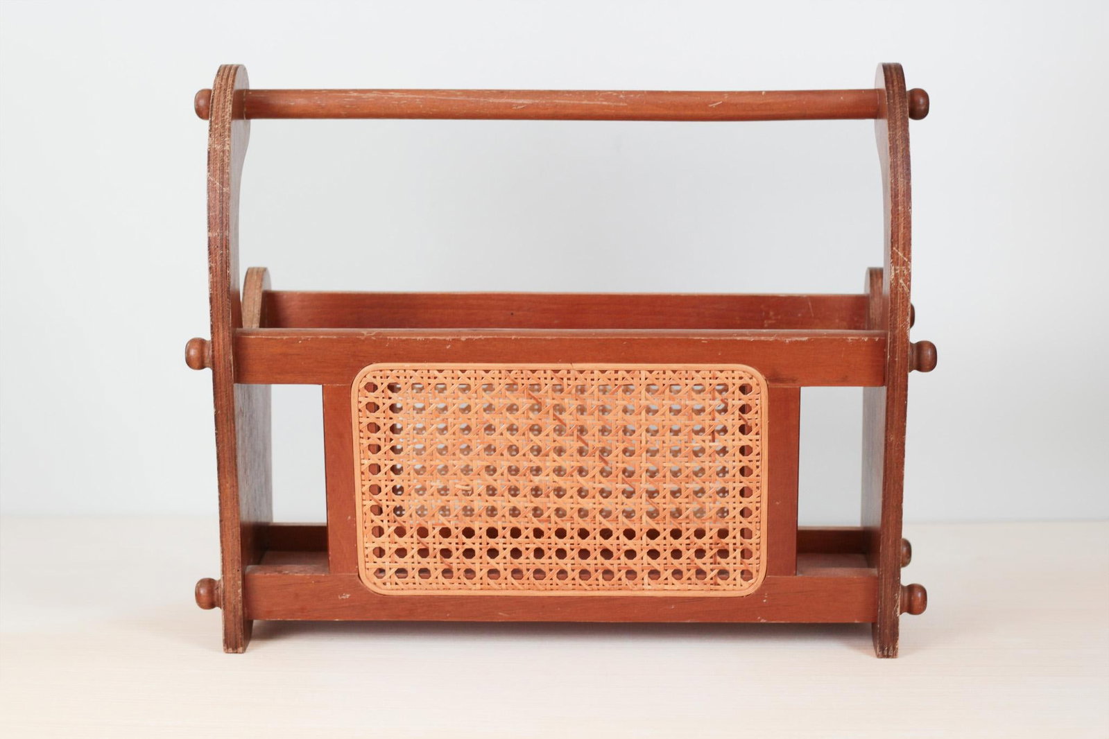 1970s Mid-Century Wood and Cane Magazine Rack - 3