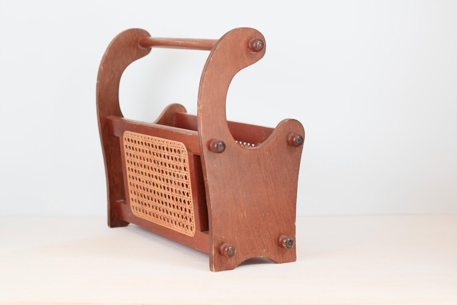 1970s Mid-Century Wood and Cane Magazine Rack - 4