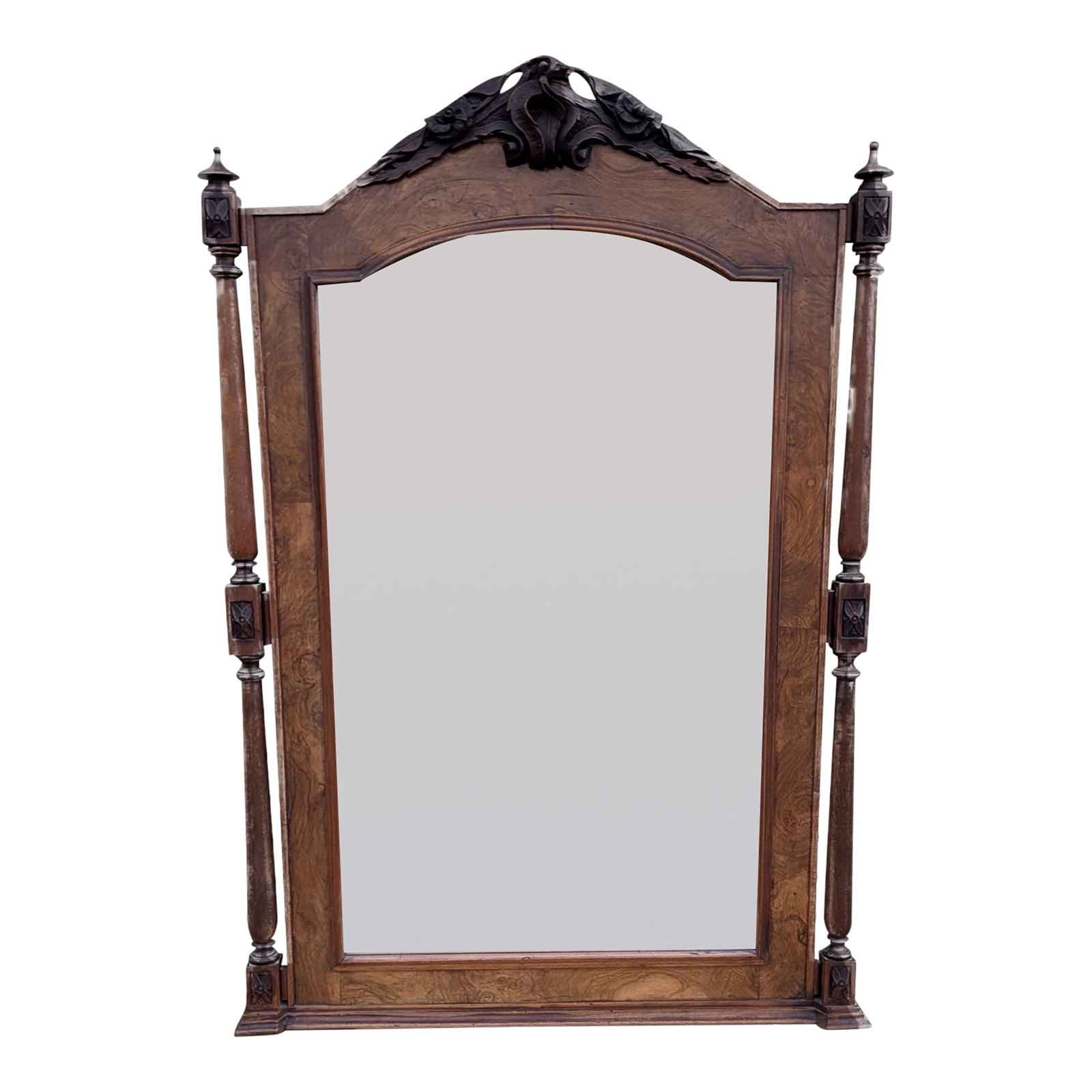 Antique Rococo Revival Crested Carved Oak Wall Mirrior: LARGE Gorgeous Rococo revival beveled glass wall mirror. The oak wood frame is highly ornate, with carved detailing, including a ribbon or floral crest at the top, and is supported by two fluted uprig