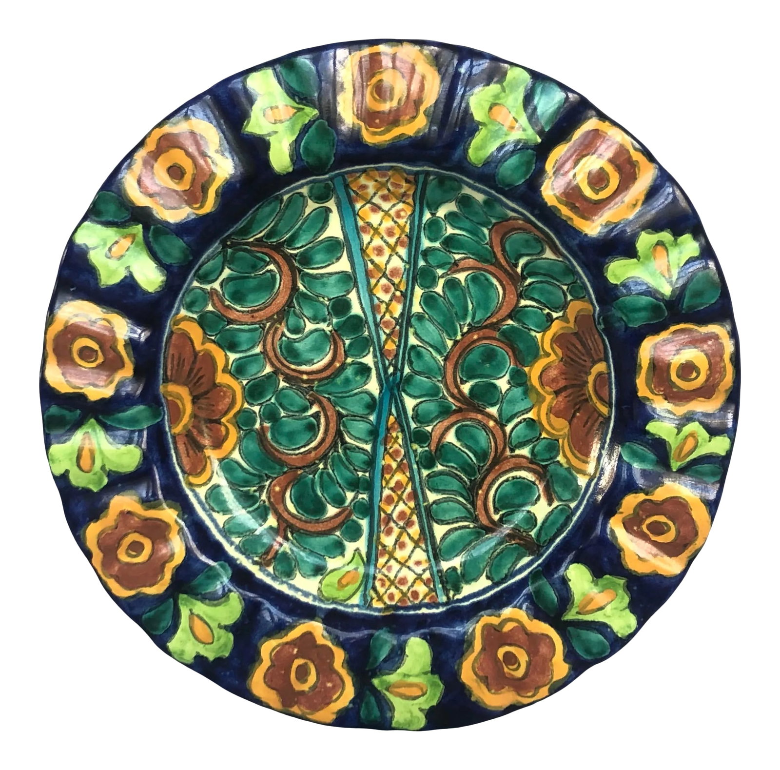 1970s Decorative Spanish Pottery Bowl: Handmade and beautifully hand painted, this vintage Spanish pottery bowl will make an impressive decor statement. Measuring over 12 inches in diameter, the shallow bowl could be hung for a wall hangin