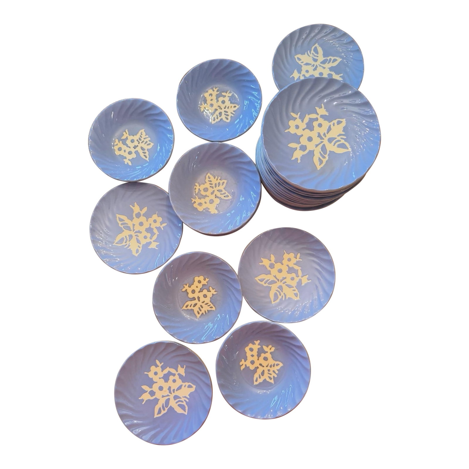 Vintage Cameoware by Harker Pottery Blue Bread Plates & Dessert Bowls - 63 pcs: Exceptional large-scale set of vintage Cameoware by Harker Pottery Co., featuring a saturated blue glaze with crisp white cameo floral motifs. Each piece is marked on the underside and labeled for