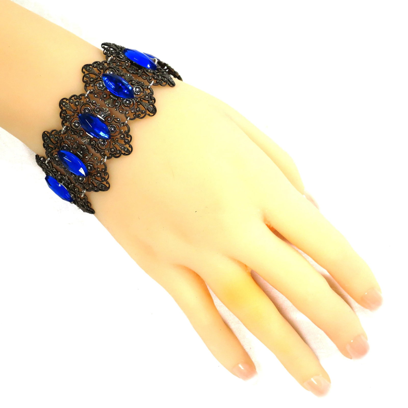 Antique Edwardian Sapphire Vauxhall Glass Bracelet Set 1910s - 7