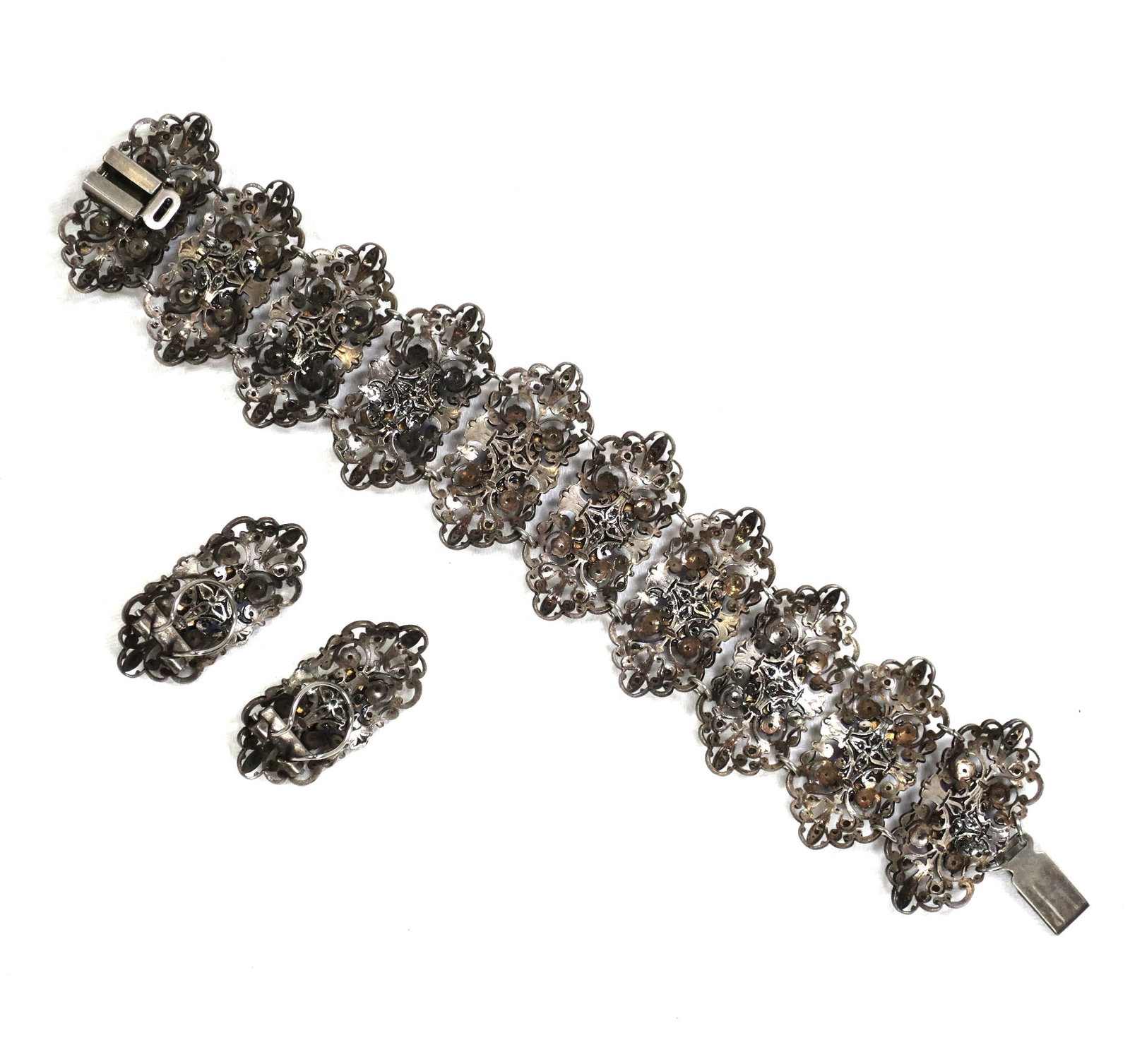 Antique Edwardian Sapphire Vauxhall Glass Bracelet Set 1910s - 8
