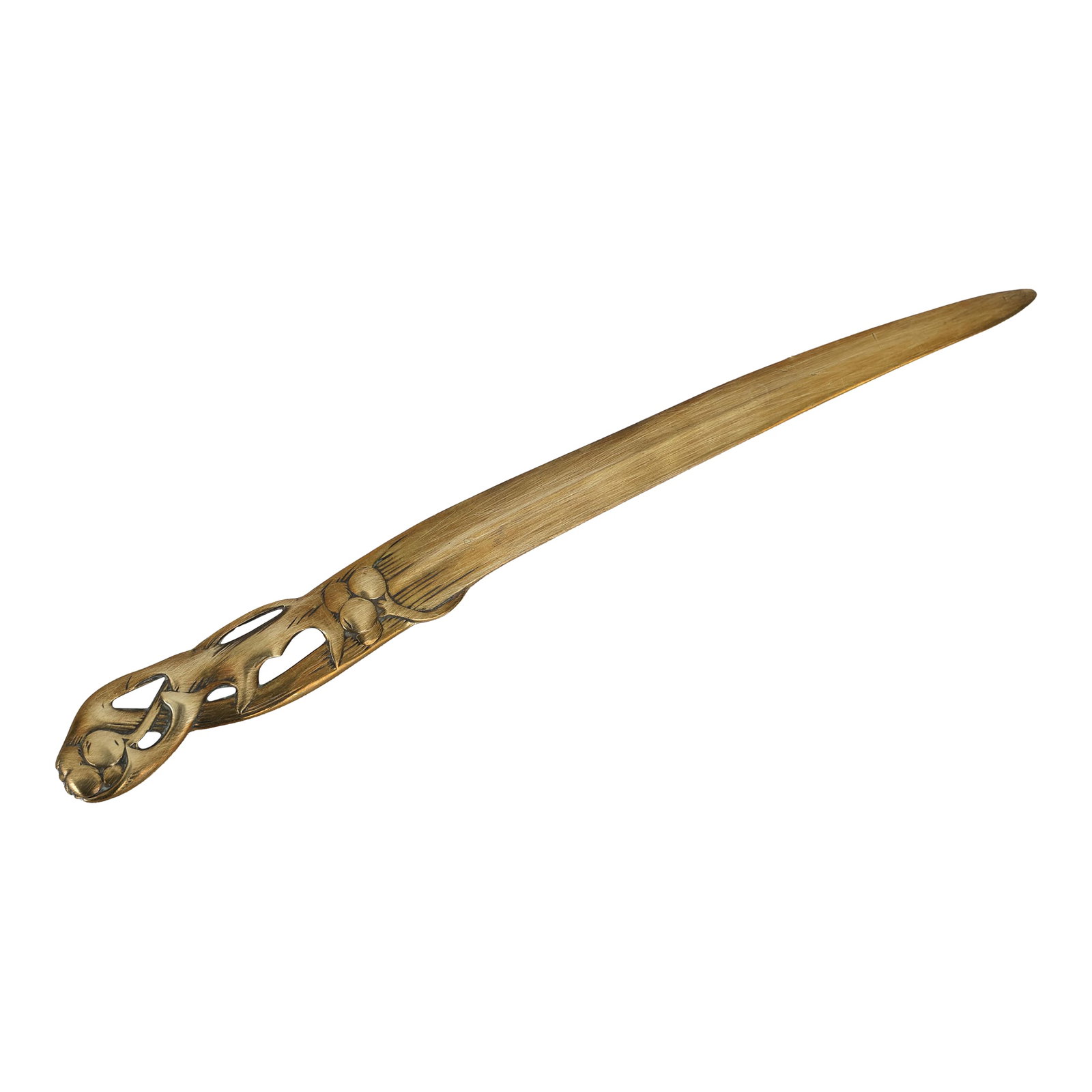 Art Nouveau Brass Letter Opener Signed Ges. Gesch - Vintage 1905: Art Nouveau brass letter opener with pomegranate and sinuous tendrils design typical of the style. Stamped on the reverse the abbreviation GES. GESCH meaning 'legally protected'. Dated to around 1905