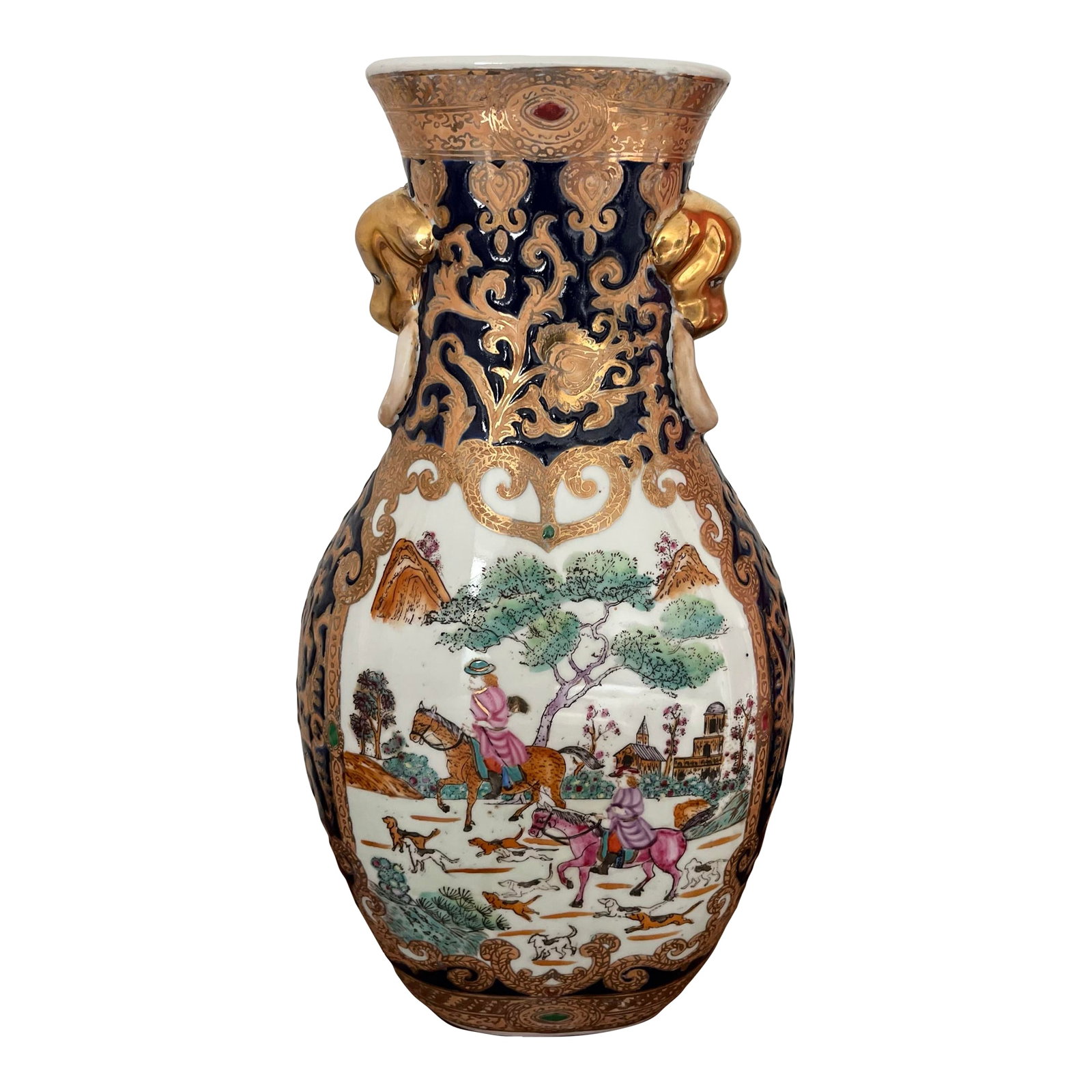 Mid 20th Century Equestrian Hunting Scene Chinese Export Porcelain Vase: A stunning, hand-painted, decorative porcelain vase for your table or mantle decorated in an equestrian style hunting motif with hunting dogs frolicking all around the two mounted riders against backd