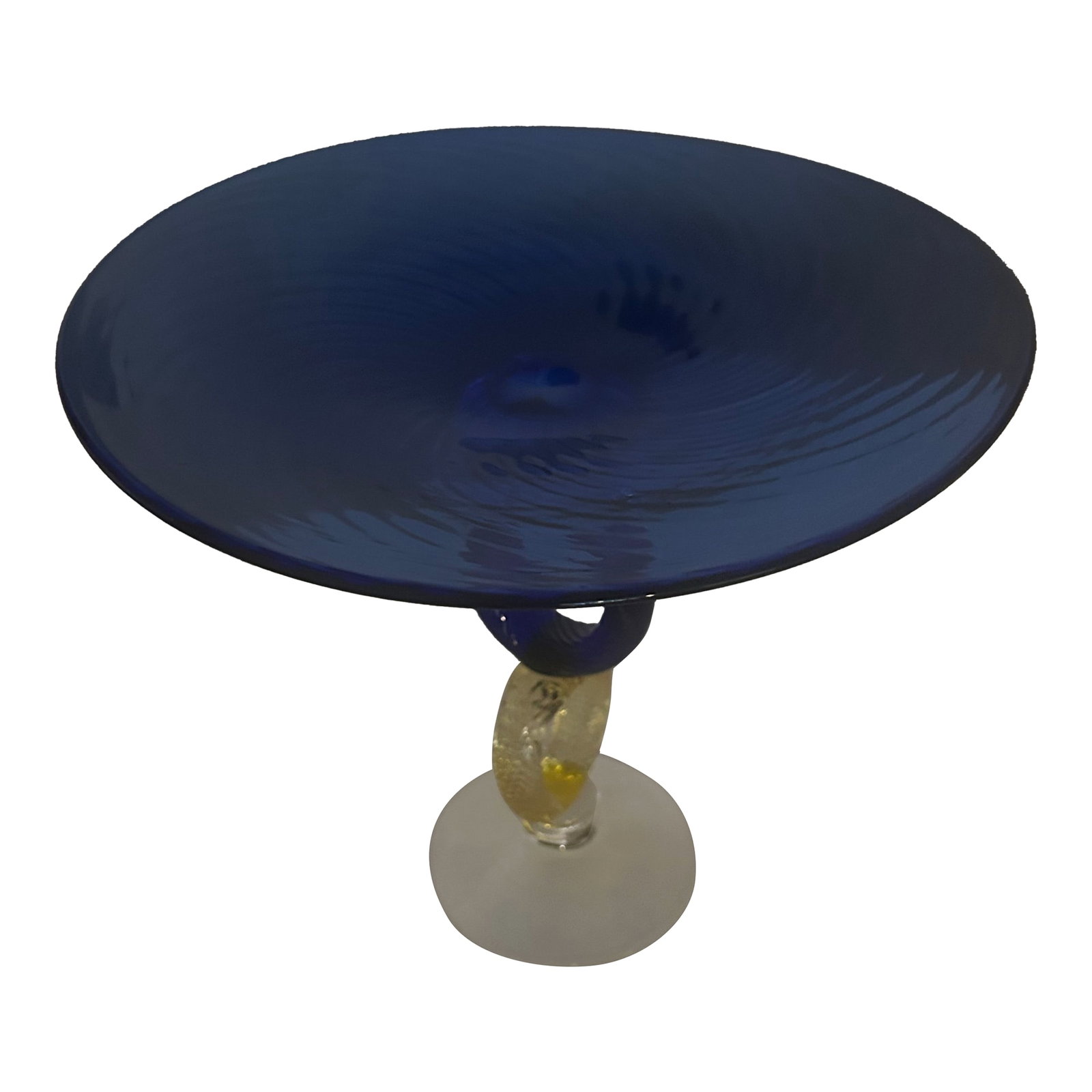 Architectural Cobalt Blue Studio Art Glass Centerpiece 1980-1990: Contemporary studio Art Glass centerpiece featuring a wide, hand-blown cobalt blue platter supported by an elegant sculptural stem. the stem incorporates a dramatic circular loop in deep blue glass,