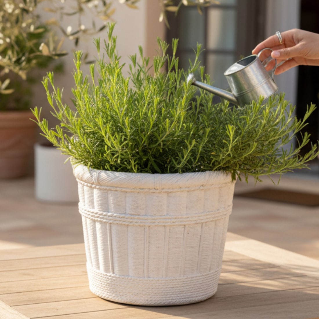Large Pale Gray Cement Planter in the Shape of a Double Handled Wicker Gathering Basket - 10