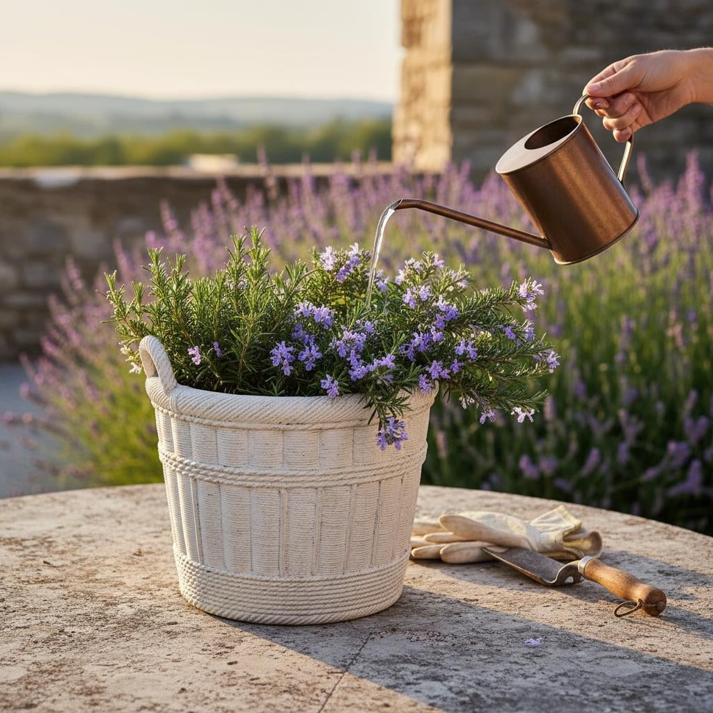 Large Pale Gray Cement Planter in the Shape of a Double Handled Wicker Gathering Basket - 11