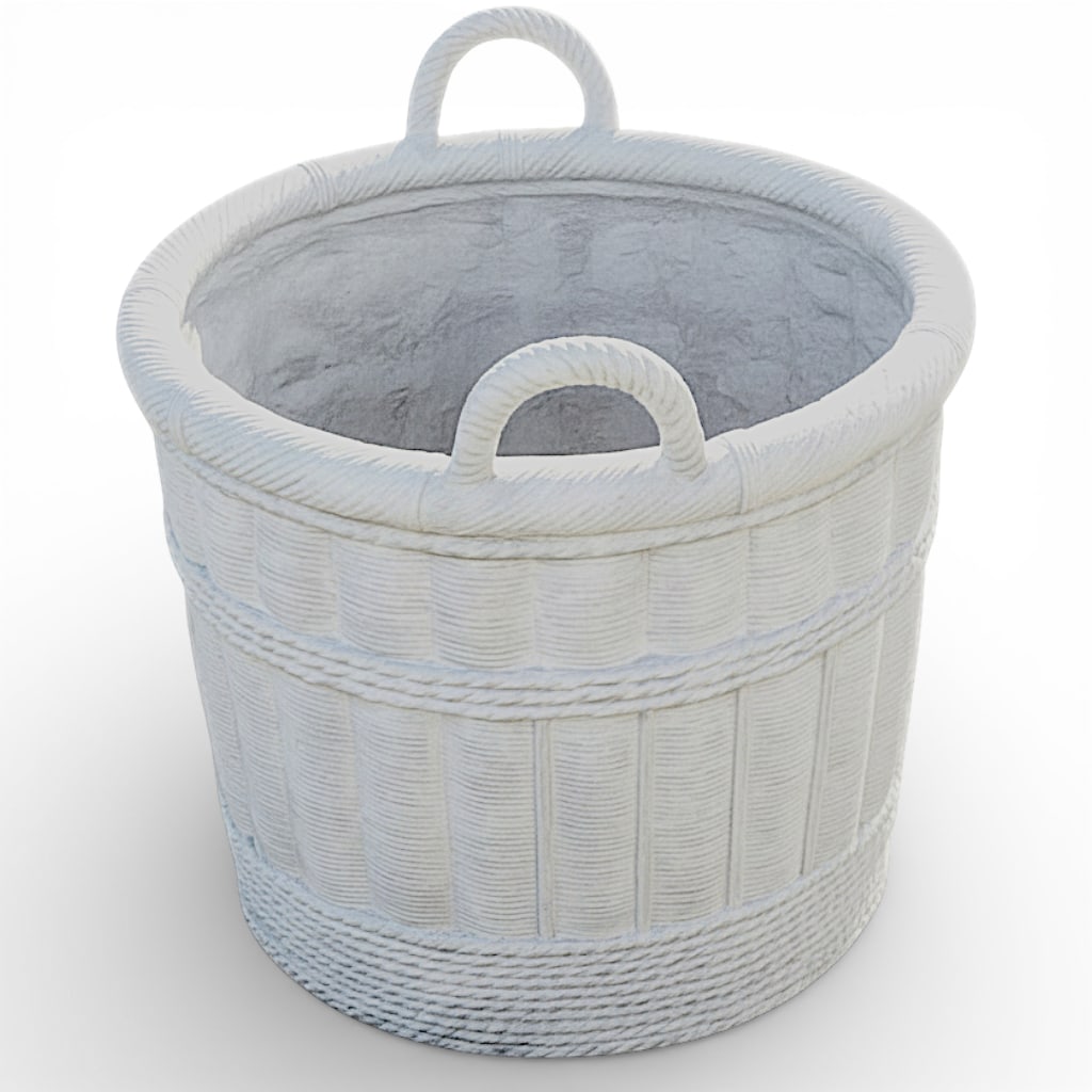Large Pale Gray Cement Planter in the Shape of a Double Handled Wicker Gathering Basket - 12