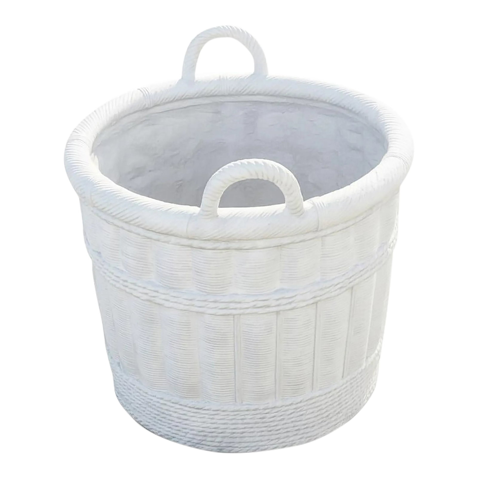 Large Pale Gray Cement Planter in the Shape of a Double Handled Wicker Gathering Basket: A pale gray concrete planter crafted with a basket-weave rope-textured pattern and integrated handles. It is cachepot style, which is to say, it's designed to hold a nursery pot inside, as opposed to