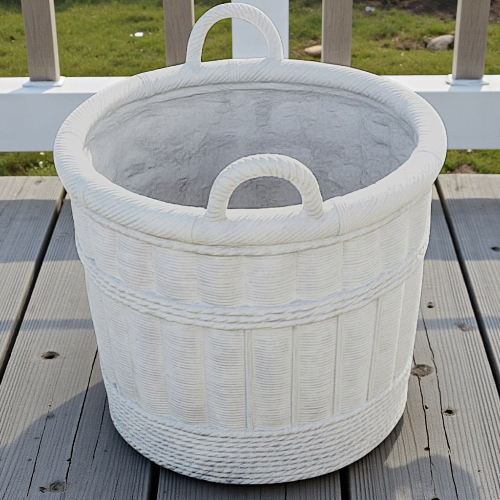 Large Pale Gray Cement Planter in the Shape of a Double Handled Wicker Gathering Basket - 2