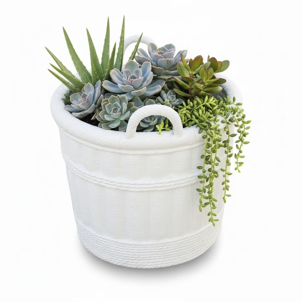 Large Pale Gray Cement Planter in the Shape of a Double Handled Wicker Gathering Basket - 3