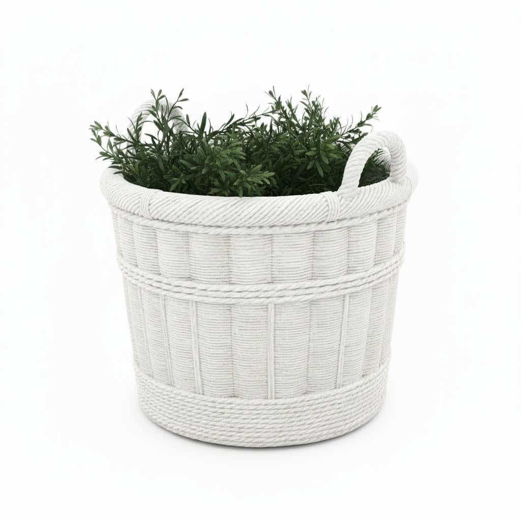 Large Pale Gray Cement Planter in the Shape of a Double Handled Wicker Gathering Basket - 4