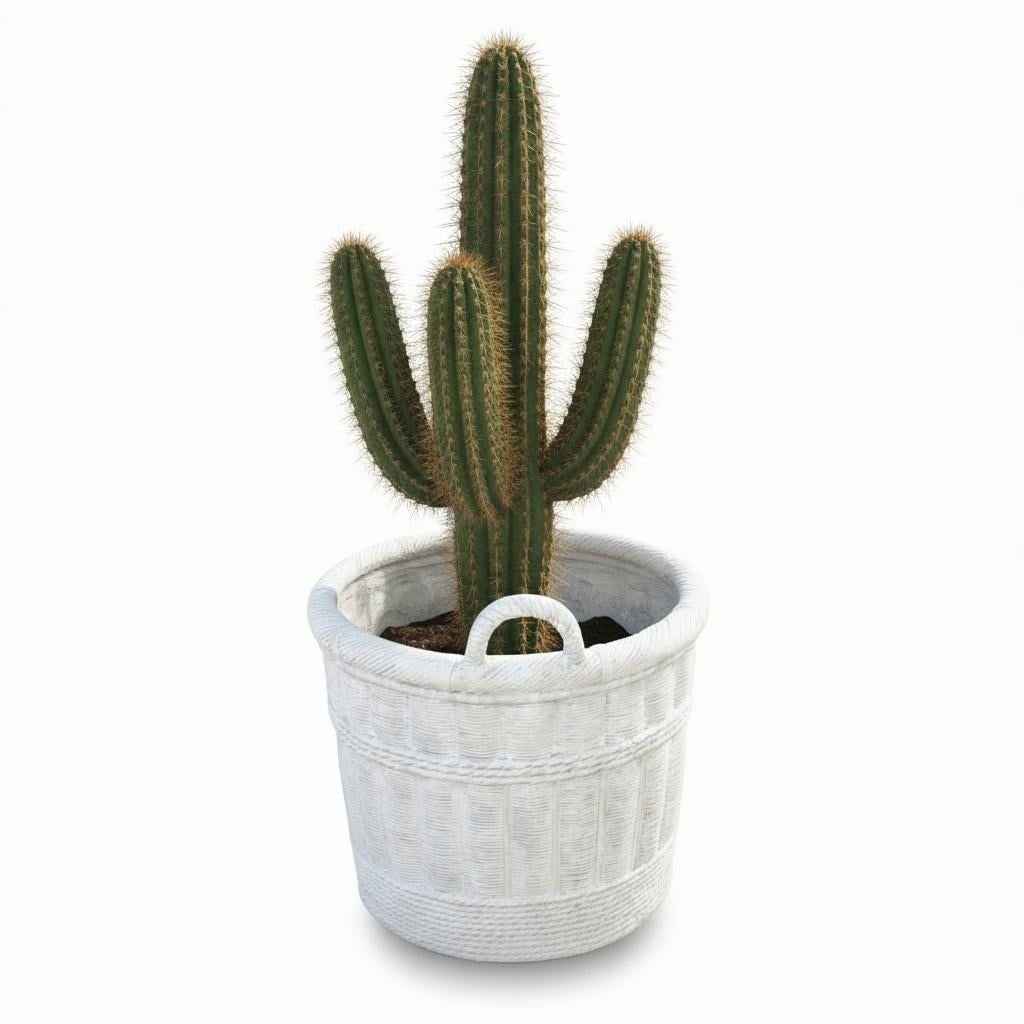 Large Pale Gray Cement Planter in the Shape of a Double Handled Wicker Gathering Basket - 5