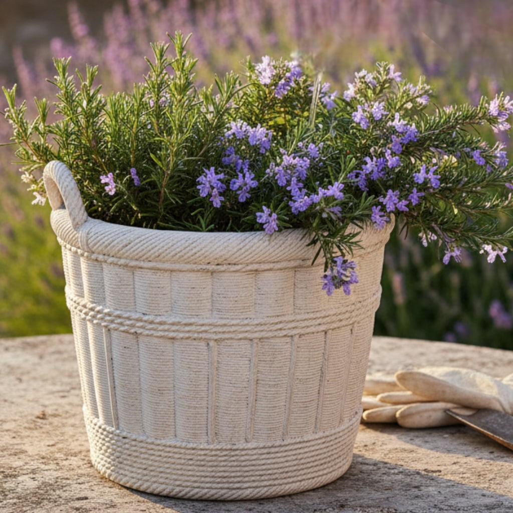 Large Pale Gray Cement Planter in the Shape of a Double Handled Wicker Gathering Basket - 7