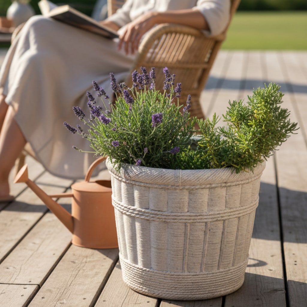Large Pale Gray Cement Planter in the Shape of a Double Handled Wicker Gathering Basket - 8