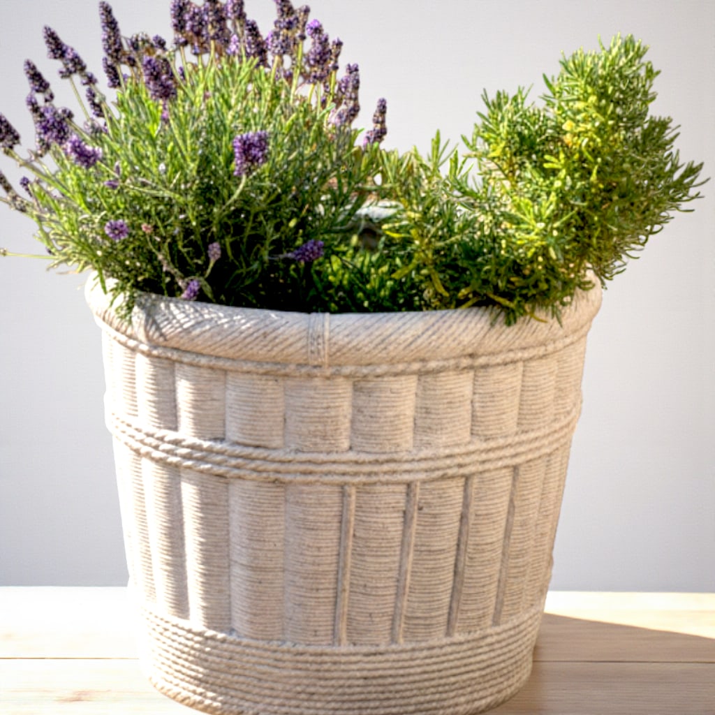 Large Pale Gray Cement Planter in the Shape of a Double Handled Wicker Gathering Basket - 9