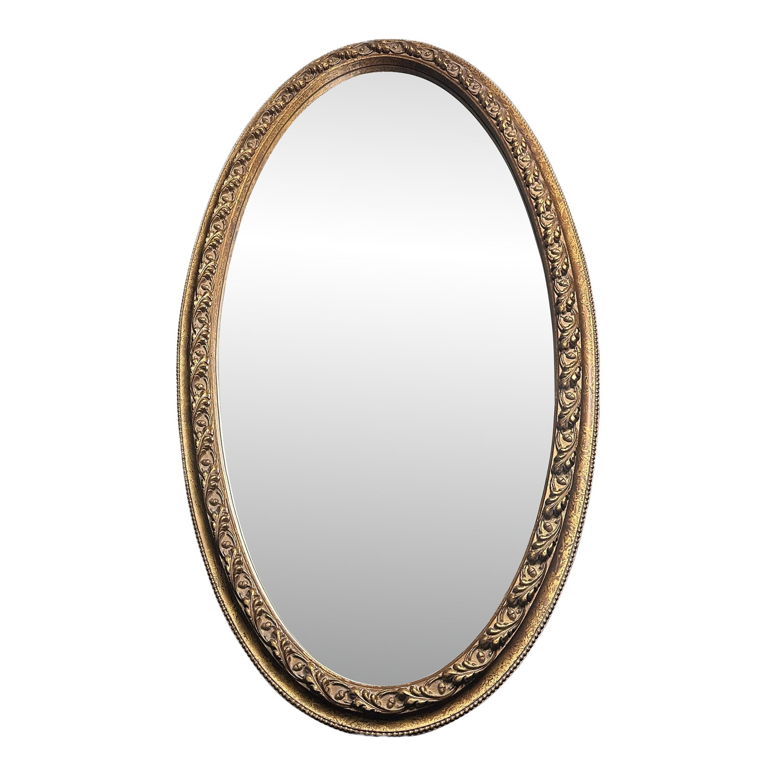 Vintage Beveled Oval Mirror With Gold Gilt Oak Leaf and Acorn Carved Wood Frame: This beautiful English Traditional oval accent wall mirror will become the centerpiece of your foyer or entryway. With beveled glass and gold gilt oak wood frame showcased by the ornately carved oak l