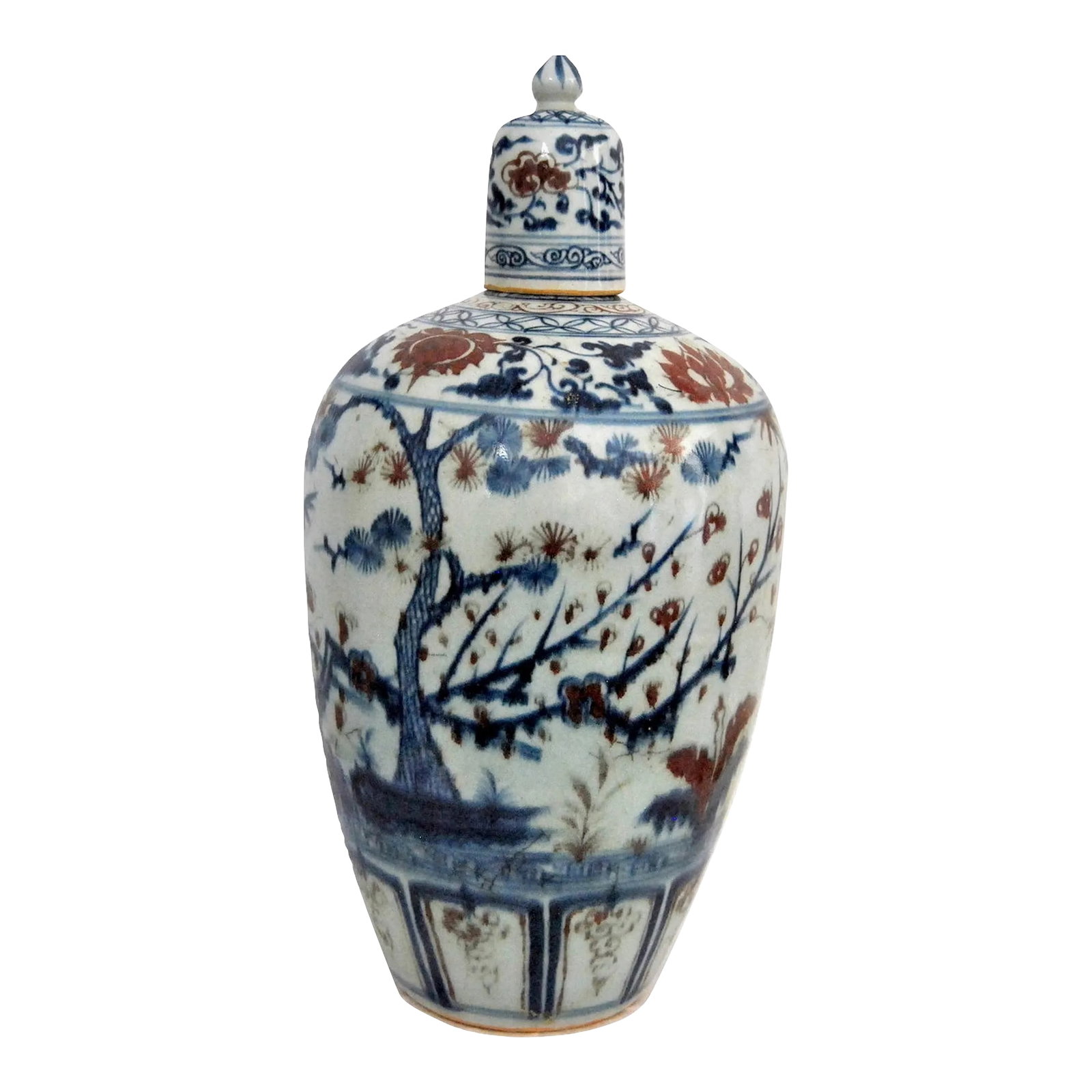 Kakiemon Style Ovoid Large Lidded Floor Vase Bottle Pot Decorated Meiji Imari-Style: A Late 19th Century Antique Japanese Meiji Period Vase of ovoid form, with finial-dome lid decorated with bamboo and ume/plum trees, medallions of lotus flowers in a typical Imari palette of Iron Red 