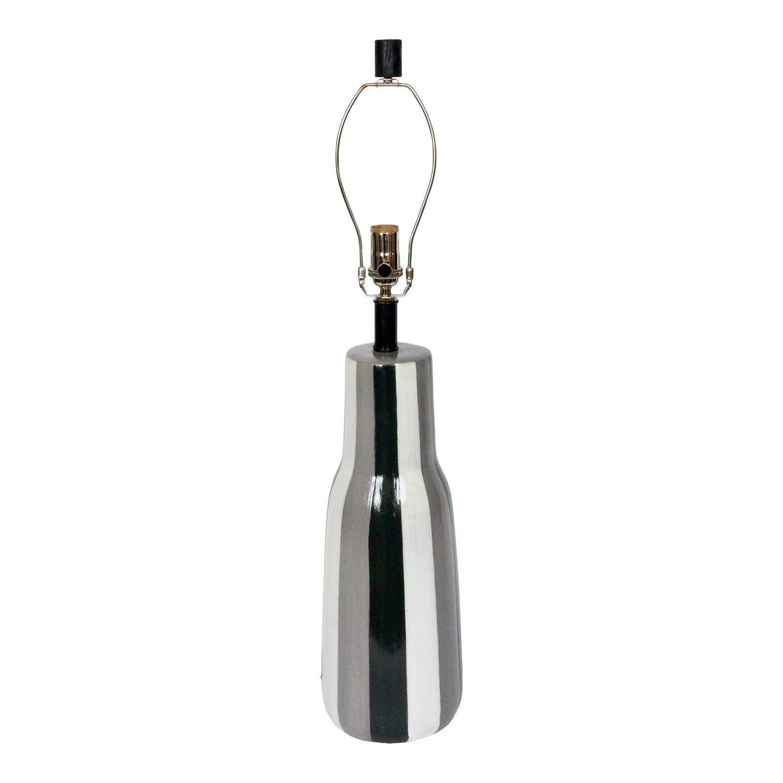 Tall Design-Technics Black, White & Gray Pottery Table Lamp, 1950's: Monumental Design Technics handcrafted Glossy Glazed Table Lamp. Small footprint. Featuring an elongated bottle form with hand painted vertical striping in Gray, Black and White with original Black