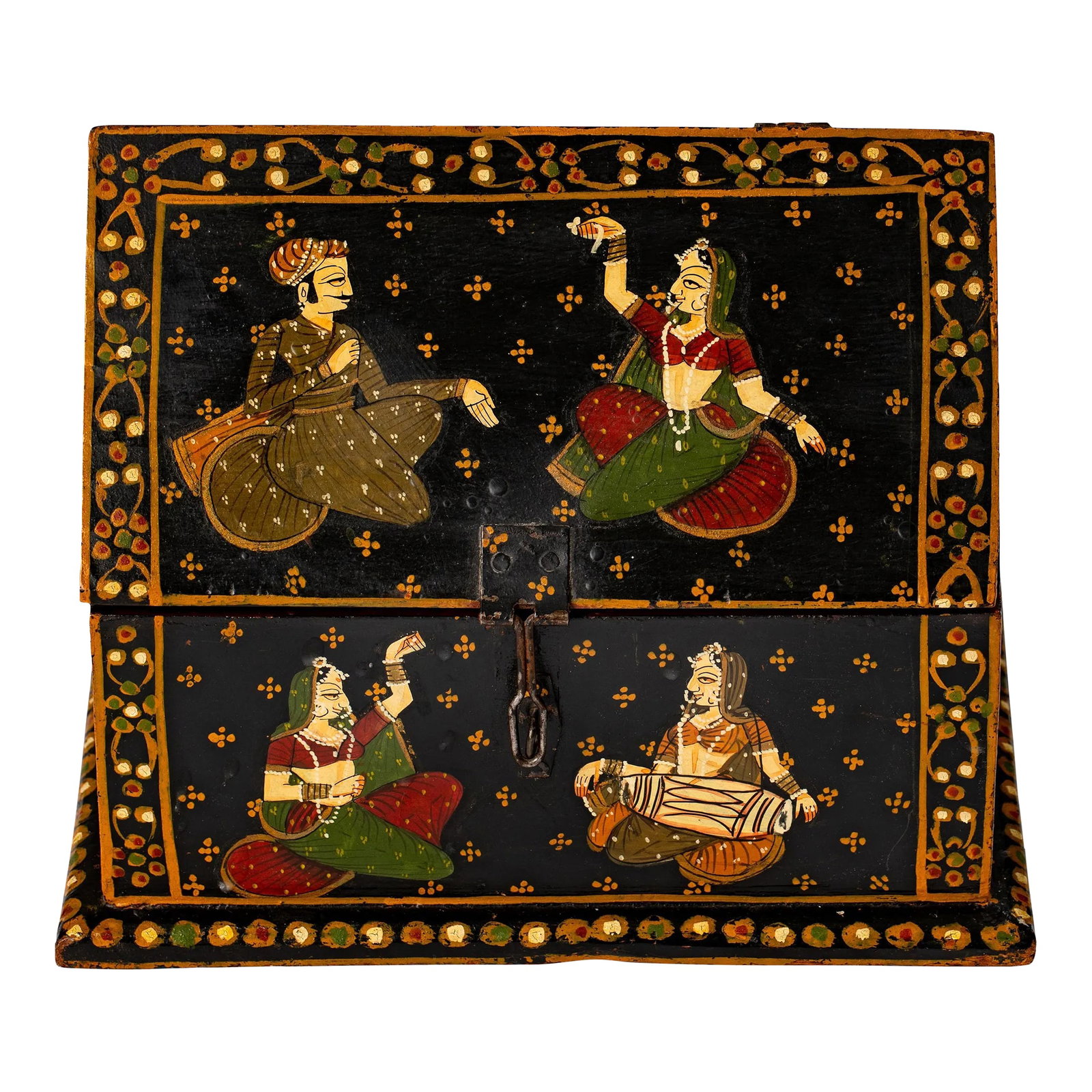 Vintage Rajasthani Indian Hand Painted Wood Jewelry Dowry Box: Vintage Rajasthani Indian vaulted dowry jewelry box, hand painted with Indian lovers enjoying each other, while beautiful court musicians accompany them musically, setting the tone for love. Wrought