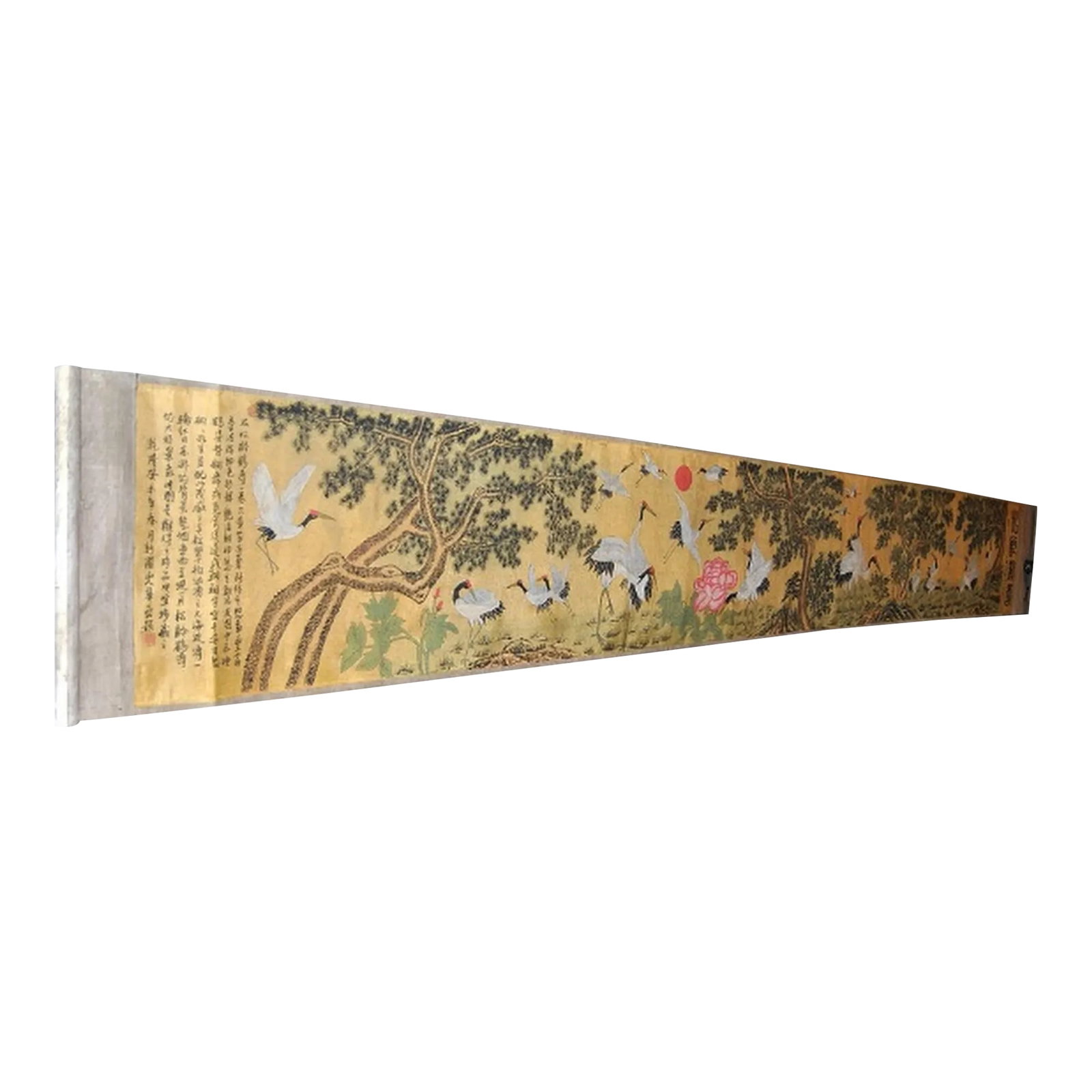 Antique Japanese Handscroll Emaki Kano School Birds and Trees of Summer Season: This emaki handscroll's composition of flora in a seasonal progression celebrates longevity with its auspicious motif of cranes. The brilliant colors, strong ink outlines, gold-leaf background on
