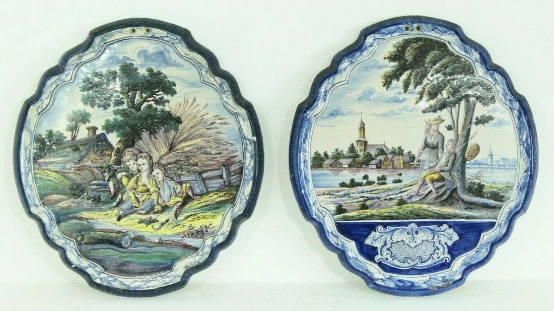 18th Century Dutch Delft Polychrome Faience Plaques Romantic Scene & Children - Set of 2 - 13